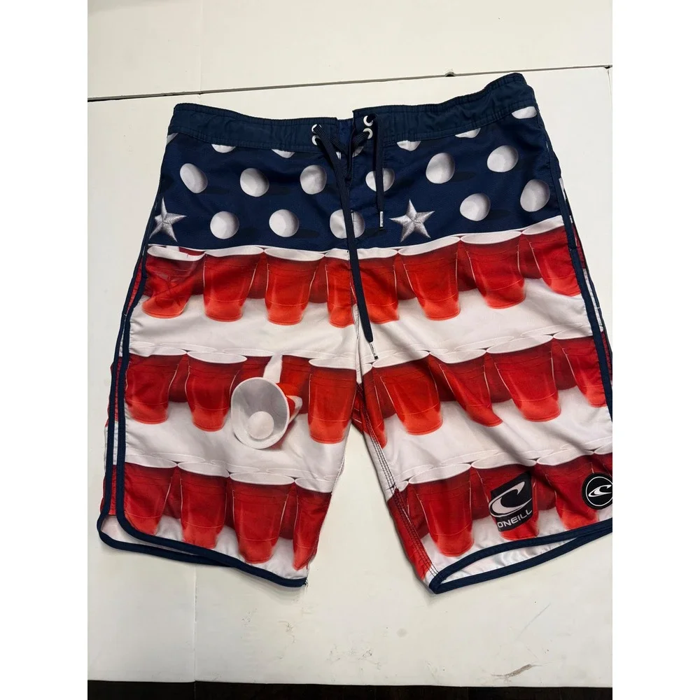 O'Neill Mens Red Solo Cup Beer Pong American Flag Board Shorts Size 34 Patriotic